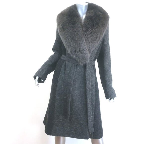 Fleurette Jackets & Blazers - Fleurette Fox Fur Collar Wrap Coat Dark Gray Wool-Blend Size 14